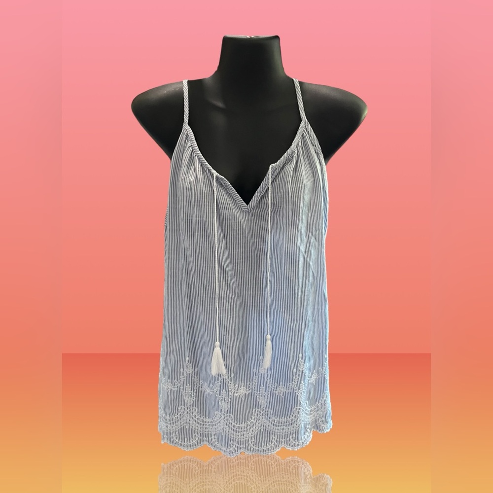 GAP Embroidered Cami Top Medium Blue White Striped Tassel Tie Boho Tank